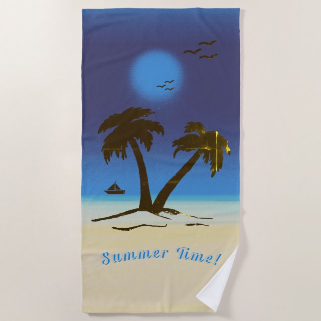 Palm Trees Beach Sommerzeit! Nachtblau Strandtuch (Vorderseite)