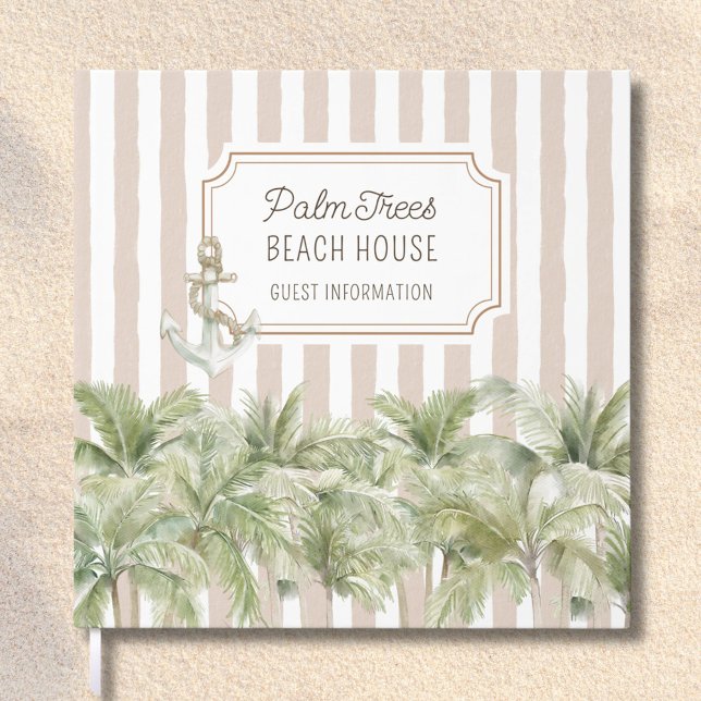 Palm Trees Beige Stripes Beach House Gästebuch (In situ)