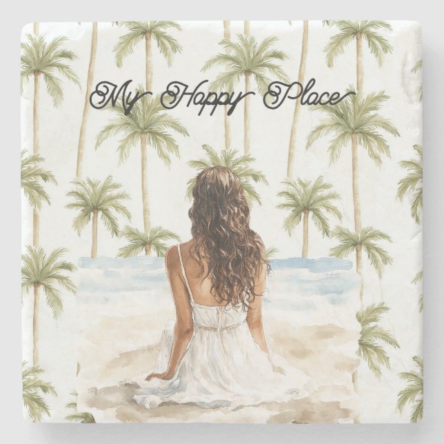 Palm Trees Happy Place Brown Hair Lady Dress Steinuntersetzer (Vorderseite)