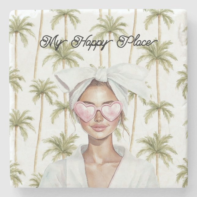 Palm Trees Happy Place Pink Heart Glasses Lady Steinuntersetzer (Vorderseite)
