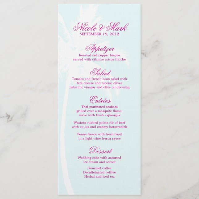 Palm Trees Hochzeit in Urlaubsort Menu Cards Menükarte (Vorderseite)