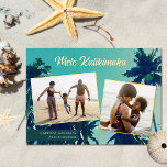 Palm Trees Mele Kalikimaka Zwei FotoCollage Folien Feiertagskarte<br><div class="desc">Sie suchen Weihnachtskarten zum Thema Strand, die Sie an Familie und Freunde schicken können? Diese atemberaubende Urlaubsfotokarte zeigt ein Bild von Palmen als Hintergrund sowie 2 Bildvorlagen. Stilvolle Typografie lautet: "Mele Kallikimaka" in realer Folie, und die Fotos sind auch in Folie gerahmt. Einfach zu personalisieren! Auf der Rückseite ist Sand...</div>