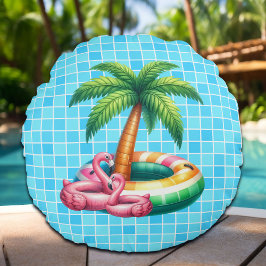 Palm Trees Pool Party Flamingo Rundes Kissen