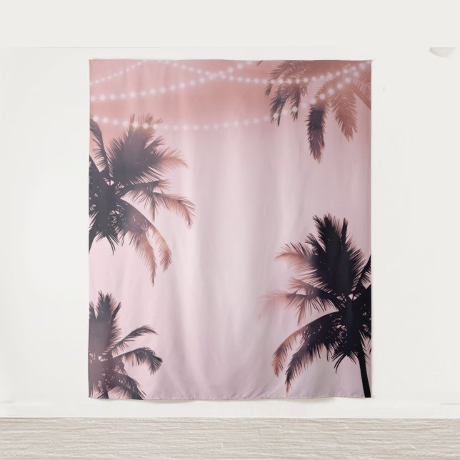 Palm Trees String Lights Pink Fotografy Background Wandteppich (Vorderseite)