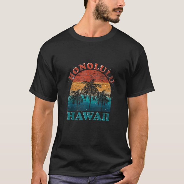 Palm Trees Tropical Hawaiian Beach Honolulu Retro T-Shirt (Vorderseite)