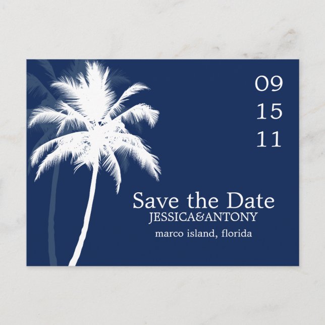 Palm Trees Tropical Wedding speichern das Datum Ankündigungspostkarte (Vorderseite)