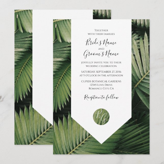 Palm Tropical Feuille Verdure Mariage Invitations (Devant / Derrière)