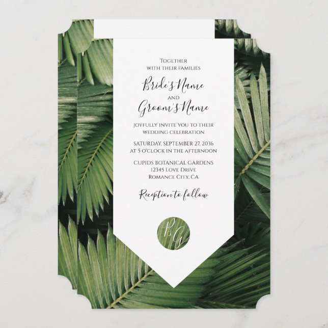 Palm Tropical Feuille Verdure Mariage Invitations (Devant / Derrière)