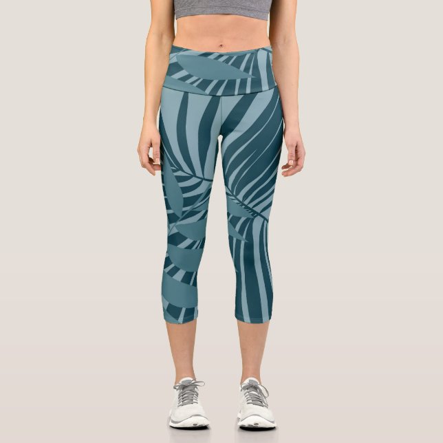 Palm- und Tropenblatt abstrakt in blau-grün grau Capri Leggings (Vorderseite)