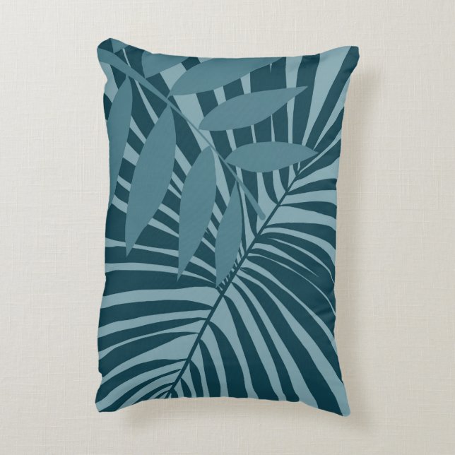 Palm- und Tropenblatt abstrakt in blau-grün grau Dekokissen (Rückseite(Vertikal))