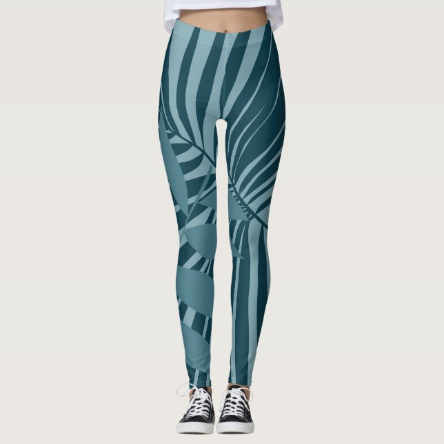 Palm- und Tropenblatt abstrakt in blau-grün grau Leggings (Vorderseite)