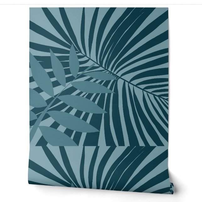 Palm- und Tropenblatt abstrakt in blau-grün grau Tapete (Abrollen)