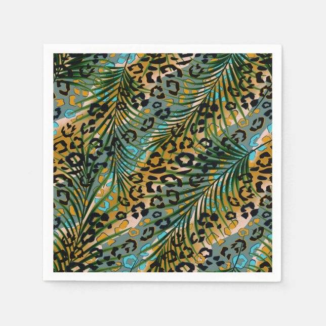 Palm verlasse auf einem Leopardenhintergrund. Serviette (Vorderseite)