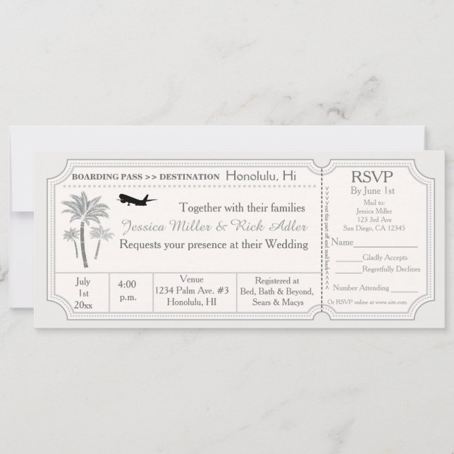 Palm Wedding Destination Ticket Einladung UAWG (Vorderseite)