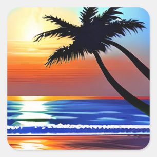Palmbaum-Silhouette mit Sonnenuntergang Quadratischer Aufkleber
