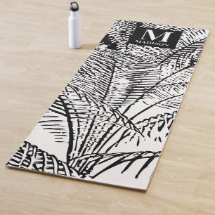 Palmbaumblätter Schwarz-Weiß-Abstract Monogramm Yogamatte