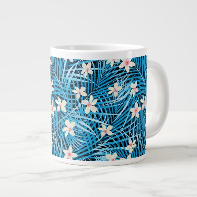 Palmblatt-Blau-Muster Jumbo-Tasse (Vorderseite Rechts)