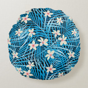 Palmblatt-Blau-Muster Rundes Kissen