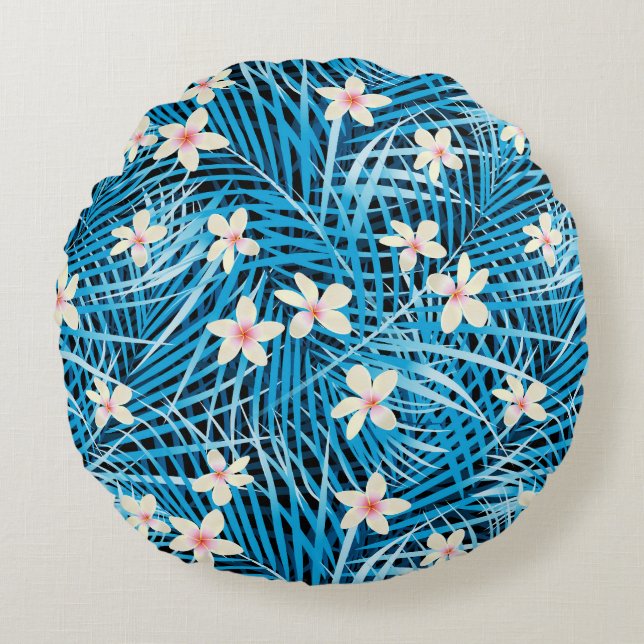Palmblatt-Blau-Muster Rundes Kissen (Vorderseite)