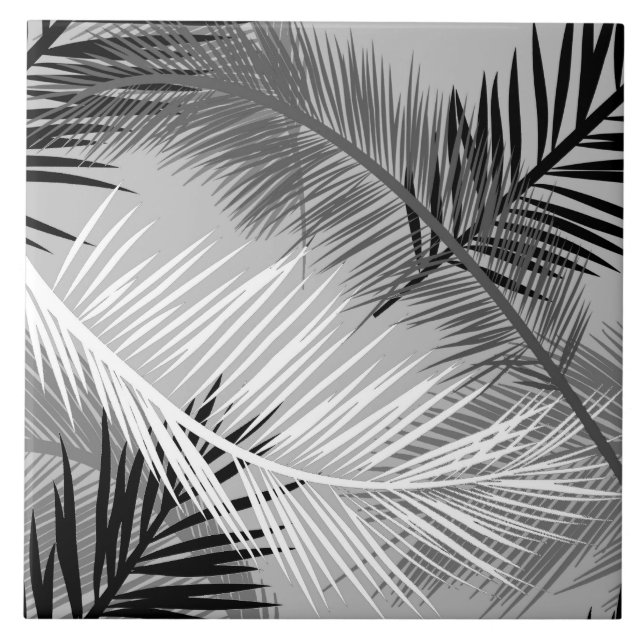 Palmblatt-Druck, grau/Grau, Schwarzweiss Fliese (Vorderseite)