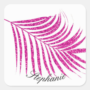 Palmblatt Rosa Rose Glitter Individueller Name Cut Quadratischer Aufkleber