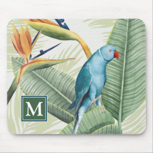Palmblätter des Monogramm-  mit blauem Vogel Mousepad