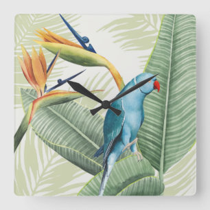 Palmblätter mit blauem Vogel Quadratische Wanduhr