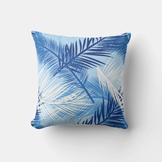 Palmblätterblätter Print, Kobalt, White und Sky Bl Kissen (Vorderseite)
