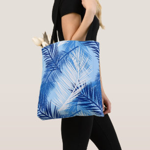 Palmblätterblätter Print, Kobalt, White und Sky Bl Tasche