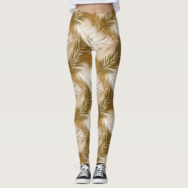 Palmblätterprint, Dunkelbraun, Tan und Beige Leggings (Vorderseite)