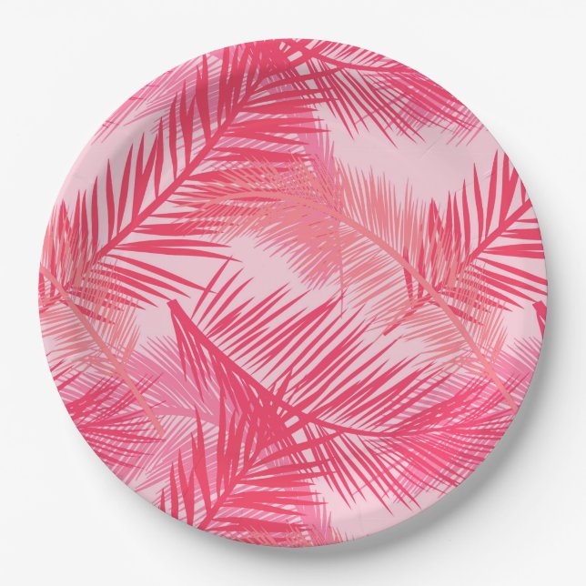 Palmblätterprint, Fuchsia, Korallen und Pastellros Pappteller (Vorderseite)