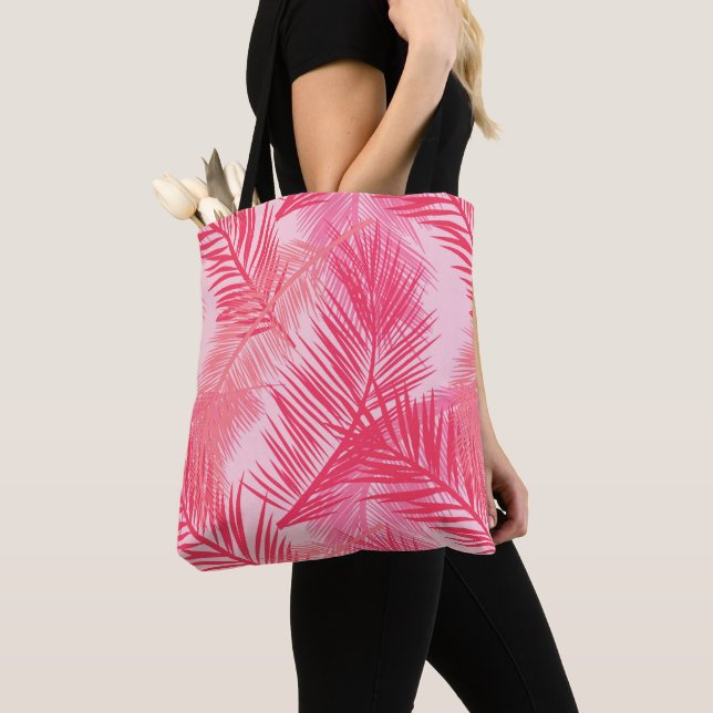 Palmblätterprint, Fuchsia, Korallen und Pastellros Tasche (Von Nahem)