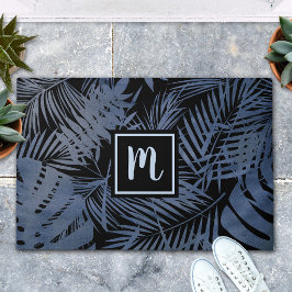 Palmblattmuster aus Navy, monogramm, modern Fußmatte