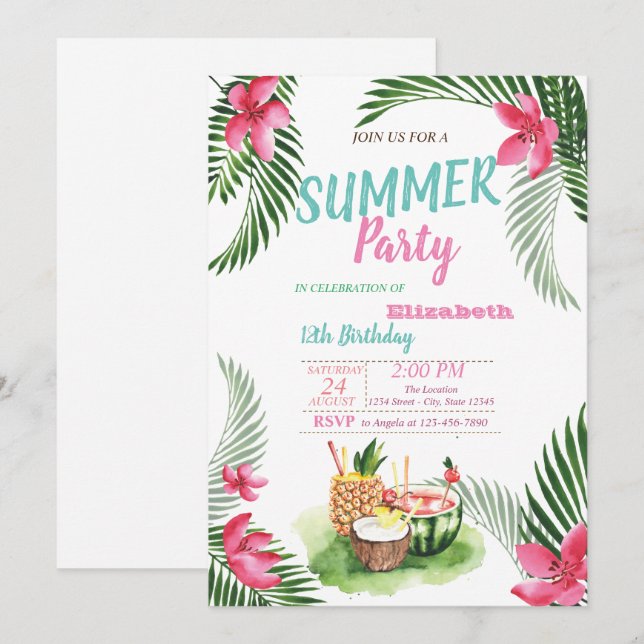 Palmblättrige, tropische Früchte, Blume Geburtstag Einladung (Vorne/Hinten)