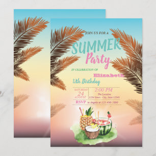 Palmblättrige, Tropische Früchte Geburtstagsparty Einladung