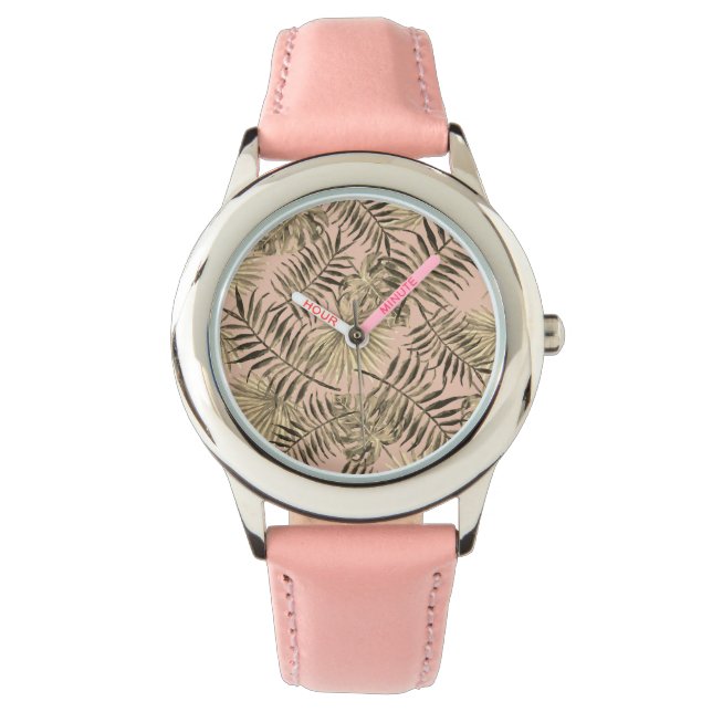 Palmblättrige tropische Pfirsichrosa und Gold Armbanduhr (Vorderseite)
