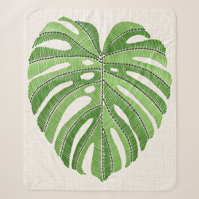 Palme Blätter bestickt. Green Tropical Monstera Sherpadecke (Vorderseite)