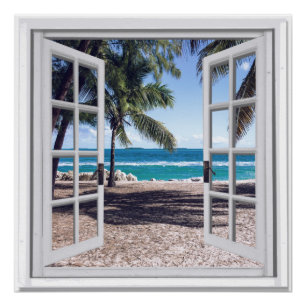 Palme-Ozean-Ansicht-Fake-Fenster Poster