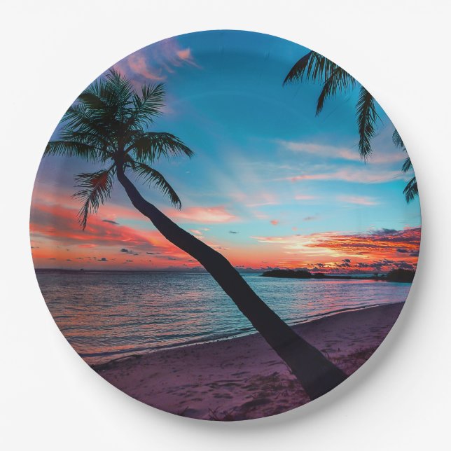 Palme-Sandy-Strand-tropische Paradies-Insel Pappteller (Vorderseite)