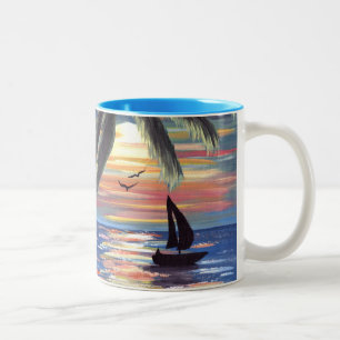 Palme-Sonnenuntergang-Ozean-Malerei Zweifarbige Tasse