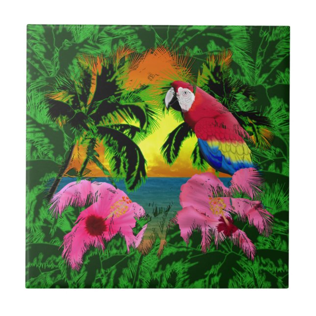 Palme-und Insel-Sonnenuntergänge Fliese (Vorderseite)