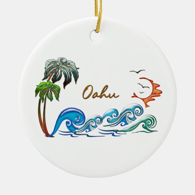 Palmen 3d, Wellen u. Sonnenuntergang OAHU Keramik Ornament (Vorne)