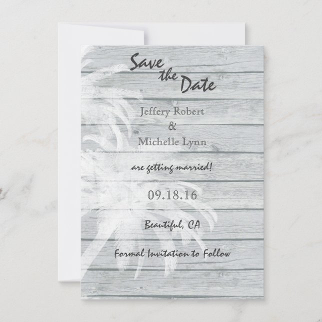 Palmen am Strand von Wood Beach Hochzeit Save the  Einladung (Vorderseite)