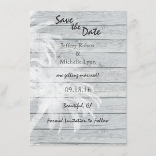 Palmen am Strand von Wood Beach Hochzeit Save the  Einladung