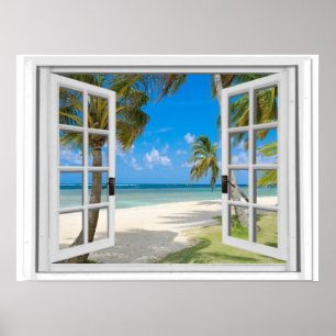 Palmen auf Strand-Ozean-Ansicht-Fake-Fenster Poster