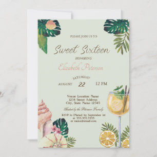 Palmen, Cocktails, Muscheln Sommer Sweet 16 Party Einladung