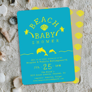 Palmen & Delfine Türkis & Gelbe Strand-Baby-Party Einladung