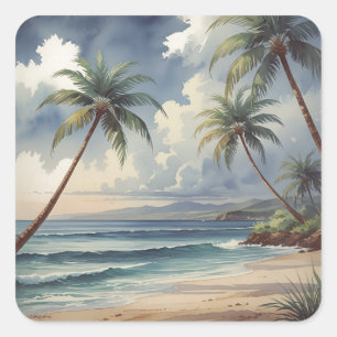 Palmen Hawaii Reise Honolulu Blauer Ozean Quadratischer Aufkleber