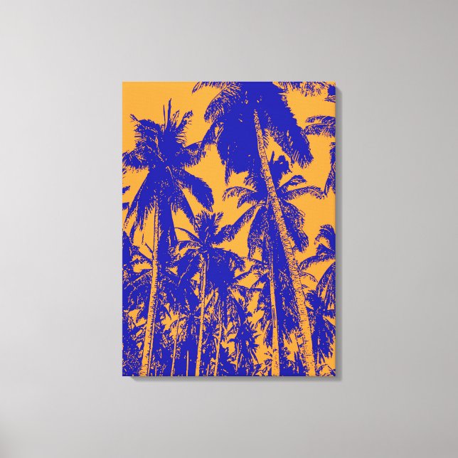 Palmen im Pop-Art-Stil in Blau und Orange Leinwanddruck (Vorderseite)