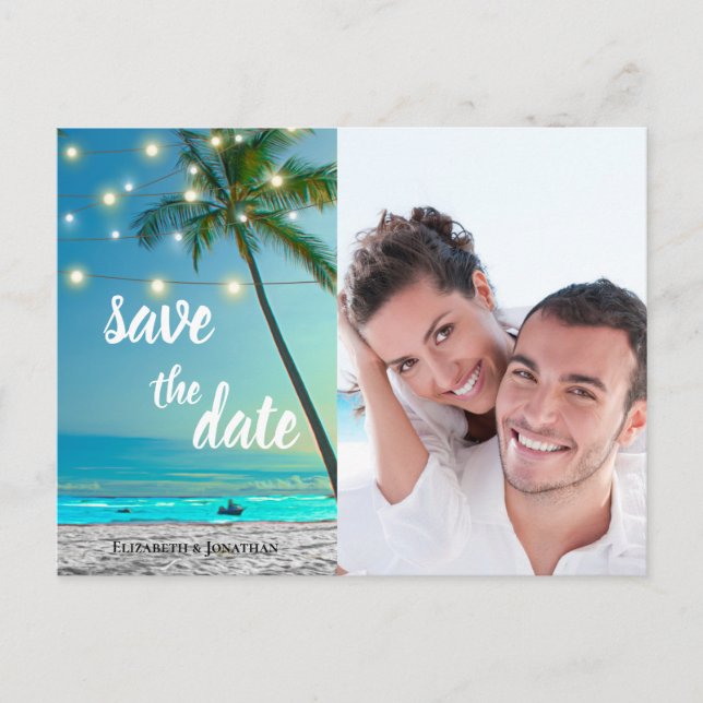 Palmen mit tropischen Strandnähten Save the Date Ankündigungspostkarte (Vorderseite)